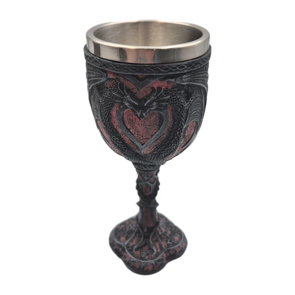 Pacific Giftware Medieval Goblet Double Dragon Heart Black Red 6.5" Tall 7oz